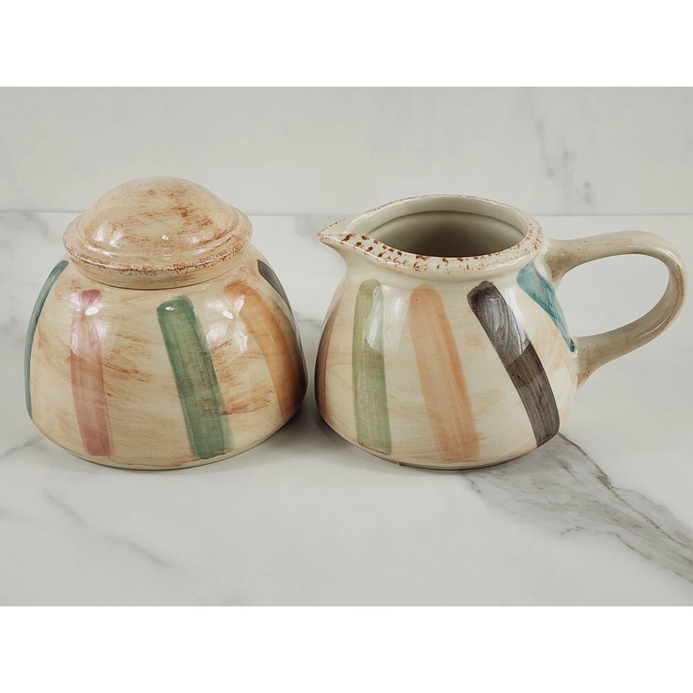 Oneida Teramo Stripes Creamer & Sugar Bowl w/ Lid Stoneware Glazed 1999 Vintage